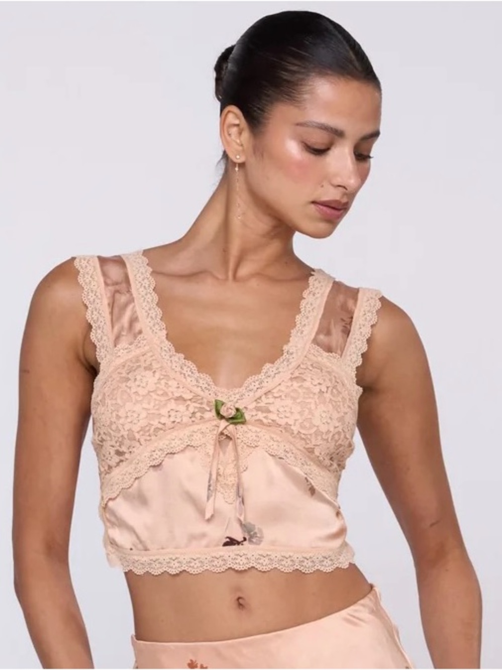 RESA - Eloise Top in Fleur - Peach Lace-Trim Satin Top
